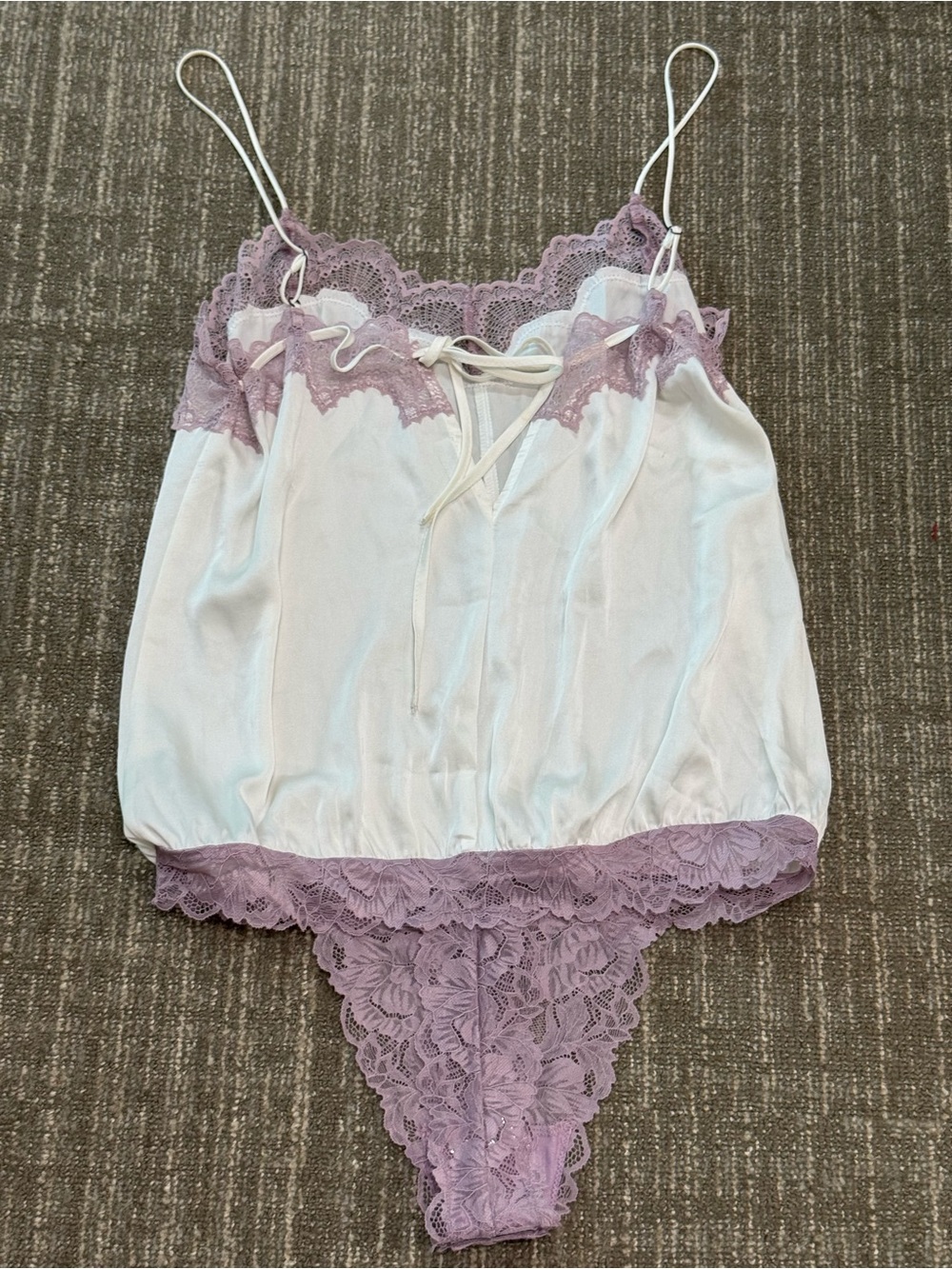 NWOT Free People Lace-Trim Satin Cami Bodysuit in Lavender and White, Size Large